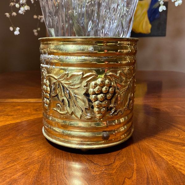 Vintage Brass Planter with Raised Grapes and Leaves