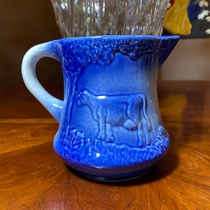 Vintage Ceramic Pitcher, Cobalt BluE Pottery, Cow, 1980