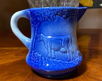 Vintage Ceramic Pitcher, Cobalt BluE Pottery, Cow, 1980