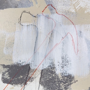May include: Abstract artwork with a textured surface. The painting uses white, grey, and beige brushstrokes. Red and black lines provide contrast and definition. The piece has a modern, artistic aesthetic. The artwork is suitable for home decor.