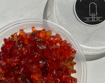 Gourmet Keto Sugar Free Gummy Bears coated in Sugar Free chamoy and spice seasoning