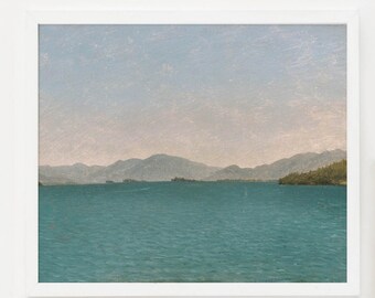 Vintage PRINTABLE Art, Peaceful Water Lake Painting, Farmhouse Cottagecore Print, Antique Landscape