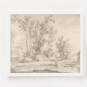 Vintage Landscape Drawing, Farmhouse Home Decor, Boy at Lake with Trees Sketch, Antique Wall Art PRINTABLE