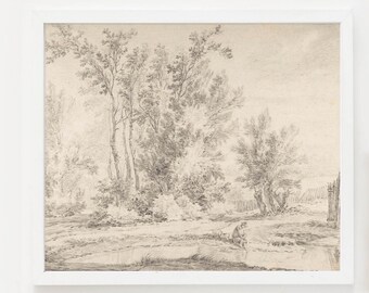 Vintage Landscape Drawing: Boy at Lake, Farmhouse Decor (Printable)