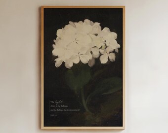 Vintage Hydrangea Oil Painting, John 1:5 Scripture Art (Digital Download)