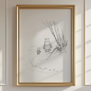 Winnie the Pooh and Piglet Footprints Drawing, Vintage Nursery Wall Art, Instant Download Neutral Kids Room Decor