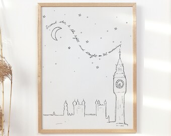 ピーターパンの子供部屋用プリント、ロンドンのスカイライン、「セカンドスター」の引用句（デジタルダウンロード）