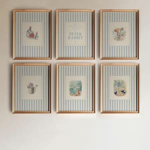 Láminas para habitación de bebé de Peter Rabbit de Beatrix Potter, arte de pared para habitación de bebé con rayas azules vintage, descarga digital, juego de 6, habitación de niño preppy