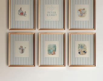Peter Rabbit Nursery Prints, Vintage Blue Stripes Wall Art (Digital Download)