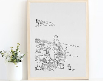 Winnie the Pooh Nursery Art, Original Vintage Illustration Digital PRINTABLE, Woodland Friends Feast Pooh Poster, Kids Vintage Drawing