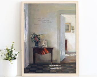 May include: A framed painting of a room with a door open to a hallway. The room has a wooden table with a vase of flowers and a quote on the wall that reads "Be joyful in hope, patient in affliction, faithful in prayer." - Romans 12:12