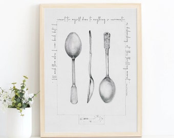 Vintage Kitchen Wall Art, Anne of Green Gables Print, Unromantic as dishwashing Quote, Antique Spoons Drawing, Funny Literary Printable