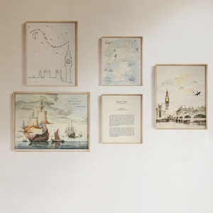 This Peter Pan nursery art is a gallery set of 5 designs depicting the adventures from J M Barries classic children's book. It has scenes of Peter Pan flying over London, a map of Neverland and Pirate ships on a sea.