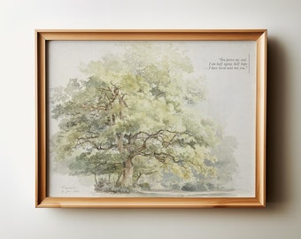 May include: A framed watercolor painting of a large tree with green leaves in a forest setting. The quote "The peace of my soul, I am half spent, half hope, I have heard more than you" is printed in the bottom right corner of the painting.
