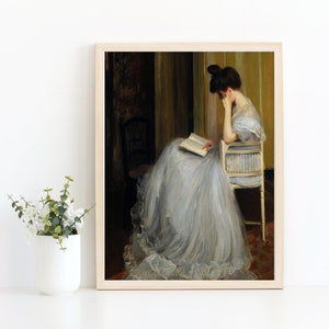 Vintage Frau Ölgemälde, literarische Kunst Frau liest ein Buch Porträt, druckbare Vintage Wandkunst, Bücherwurm Bauernhaus Wohnkultur