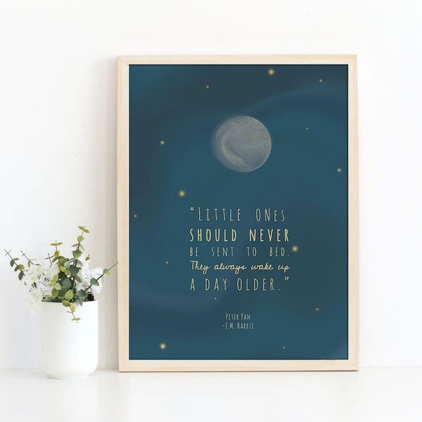 Peter Pan Nursery Art, Little Ones Should Never Go to Bed Early Quote, JM Barrie PRINTABLE, Blue Literary Baby Room Decor, Peter Pan Print