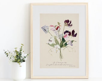 Puede incluir: Una impresión enmarcada de una pintura de acuarela de un ramo de flores de guisante dulce de color púrpura, rosa y blanco. La impresión tiene una cita que dice: "Si te quisiera menos, podría hablar más de ello."