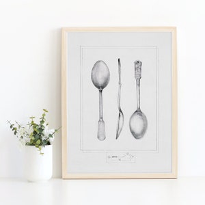 Vintage Kitchen Wall Art, Antique Spoons Drawing, Farmhouse Home Decor Print
