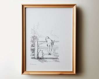 Winnie the Pooh Print Sketch Nursery Art, Pooh sticks Bridge original illustration DIGITAL DOWNLOAD, Kids Vintage Drawing