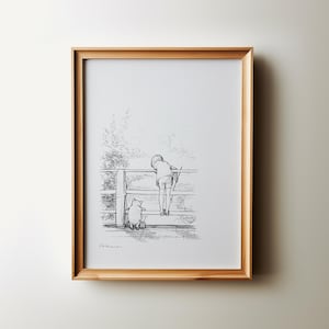 Winnie the Pooh Print Sketch Nursery Art, Pooh sticks Bridge original illustration DIGITAL DOWNLOAD, Kids Vintage Drawing