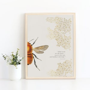 Christian Wall Art, Proverbs 16:24 Kind Words are Like Honey Vintage Style Bee DIGITAL DOWNLOAD, Kid Scripture Print, Nursery Decor