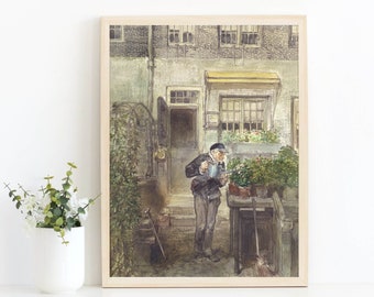 Vintage Wall Art Printable, Charming Old Man Watering His Garden, Quirky Watercolor Kids Room Greenhouse Decor