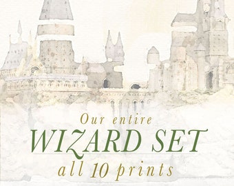 Nursery Wizard Art Collection, Printable Set of 10, Whimsical Magic Castle, Snowy Owl Baby Decor, Literary Playroom Print