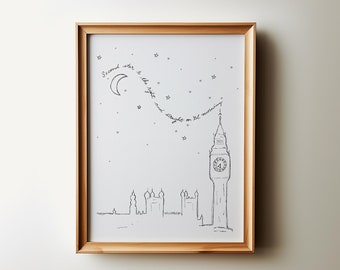 Peter Pan Second Star to the Right Nursery Wall Art, London Skyline Hand Drawn Sketch, Peter Pan Quote, INSTANT DOWNLOAD, Baby Shower Gift