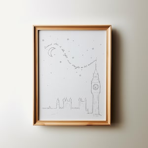 Arte de pared para guardería con la segunda estrella de Peter Pan a la derecha, boceto dibujado a mano del horizonte de Londres, cita de Peter Pan, DESCARGA INSTANTÁNEA, regalo para baby shower