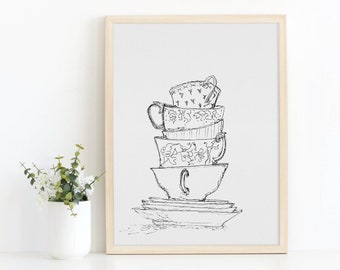 Tea Cups Sketch Kitchen Wall Art, Stack of Hand Drawn Tea Cups, Alice in Wonderland Inspired Nursery Print, Literary Bookish Playroom Decor