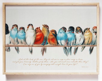 Mattheüs 6:26-27 Bijbelvers afdrukken, vintage vogeltekening (digitale download)