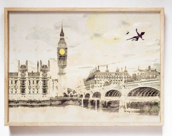 Peter Pan Landscape Nursery Art, Watercolor Literary PRINTABLE, Baby Room, Peter Pan Tinkerbell Flying Over London Art Poster