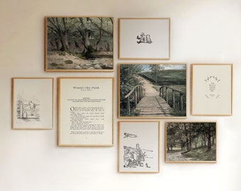Winnie the Pooh Gallery Art Set, Woodland Nursery Kids Room, Vintage Quotes and Antique Drawings PRINTABES, Light Academia Baby Room Decor
