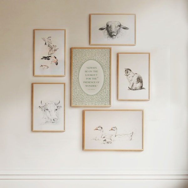 Vintage Nursery Art Prints Gallery Set, E B White Quote and Farm Animals PRINTABLES, Pencil Drawing Baby and Kids Room Decor