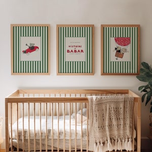 Láminas infantiles vintage de Babar (DESCARGAS DIGITALES), juego de 3 rayas verdes y detalles en rojo, decoración infantil, arte mural con elefantes literarios.