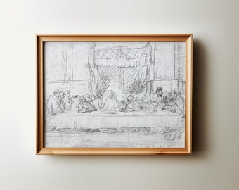 Bible Sketch Art, The Last Supper Christian PRINTABLE, The Lords Supper Pencil Drawing, Da Vinci Catholic Art Kitchen Poster