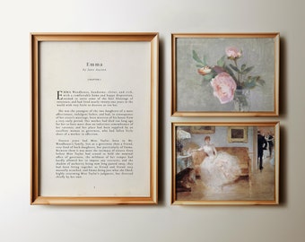 May include: Three framed images on a white wall. The left image is a book cover for "Emma" by Jane Austen. The middle image is a painting of pink roses in a vase. The right image is a painting of a woman in a white dress sitting on a couch in a room with a man in a black suit standing in the background.