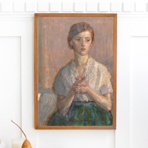 Vintage Woman Praying Oil Painting: Christian Farmhouse Art (Printable)