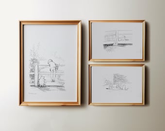 May include: Three framed black and white illustrations of Winnie the Pooh characters. The first illustration shows Winnie the Pooh and Piglet looking over a fence. The second illustration shows a fence with a character looking over the top. The third illustration shows a group of characters lying down.