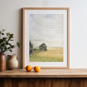 This vintage painting of a yellow and green field with a blue sky features a Bible verse from Deuteronomy 6, the Shema.