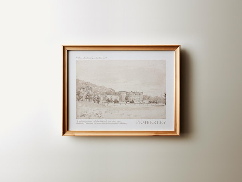 This vintage drawing of Pemberly from Jane Austen's pride and prejudice is a great farmhouse home decor.