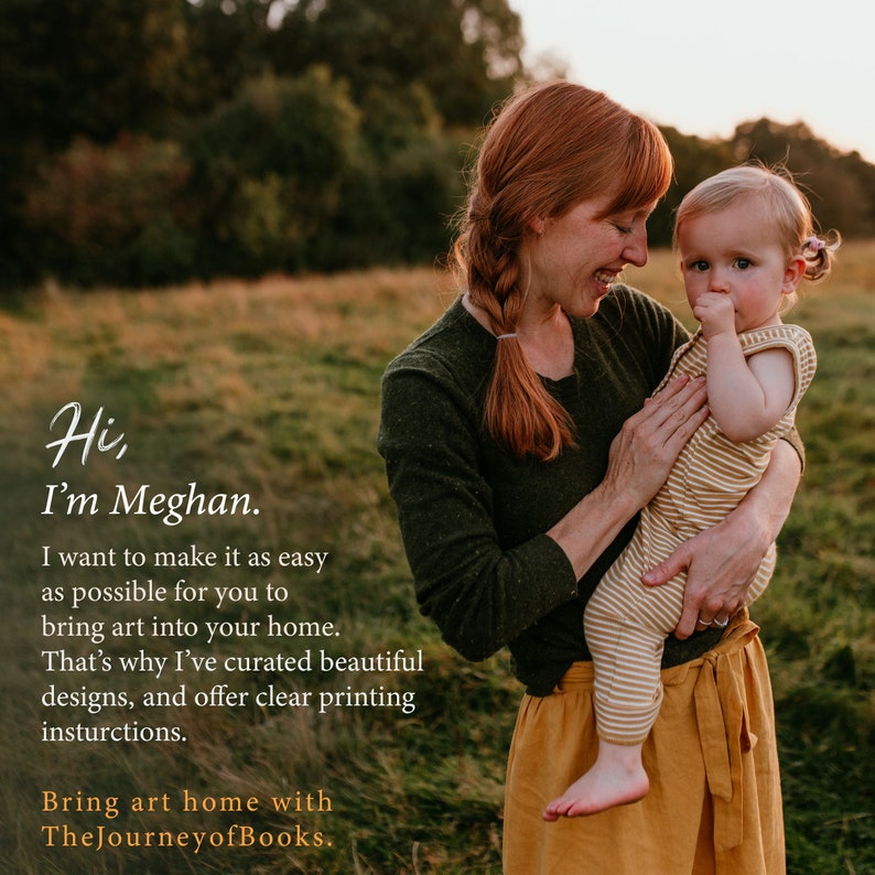 May include: A woman with red hair holds a young child in her arms. The woman is wearing a green sweater and a yellow skirt. The child is wearing a striped onesie. The text "Hi, I'm Meghan." is written in white on a green background. The text "Bring art home with TheJourneyofBooks." is written in white on a black background.