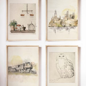 set of four harry potter inspired printables in very pale, neutral colors. The set features a shelf of vintage potion bottles, a watercolor of a wizard castle, an express train, and a pencil drawing of a snowy owl.