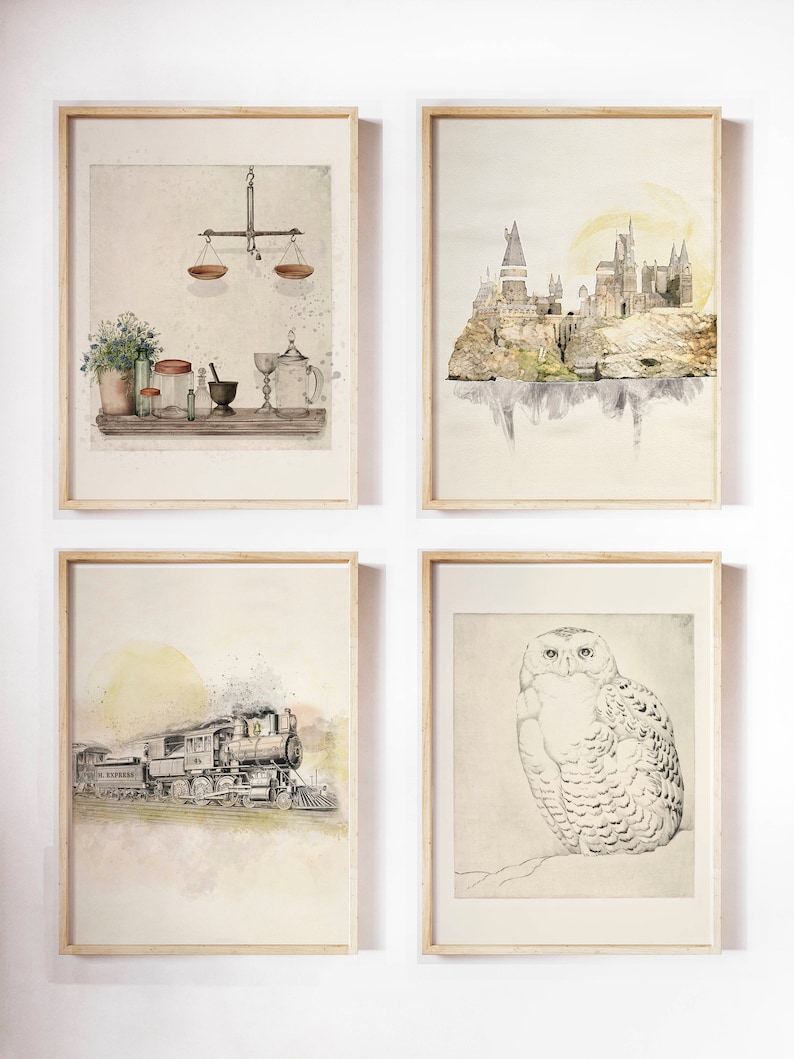 set of four harry potter inspired printables in very pale, neutral colors. The set features a shelf of vintage potion bottles, a watercolor of a wizard castle, an express train, and a pencil drawing of a snowy owl.