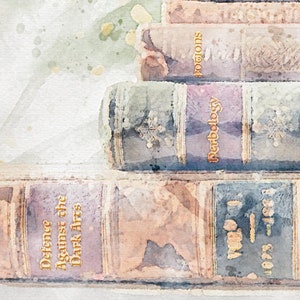 close up of the watercolor books. They say Defense Against the dark Arts, Herbology, and Potions.