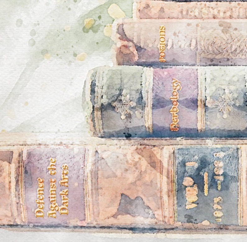 close up of the watercolor books. They say Defense Against the dark Arts, Herbology, and Potions.