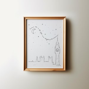 This Peter Pan nursery wall art is a set of five designs depicting the adventures in the classic kids book. This printable is a hand- drawn sketch of Big Ben with a starry night and the quote second star to the right and straight on til morning