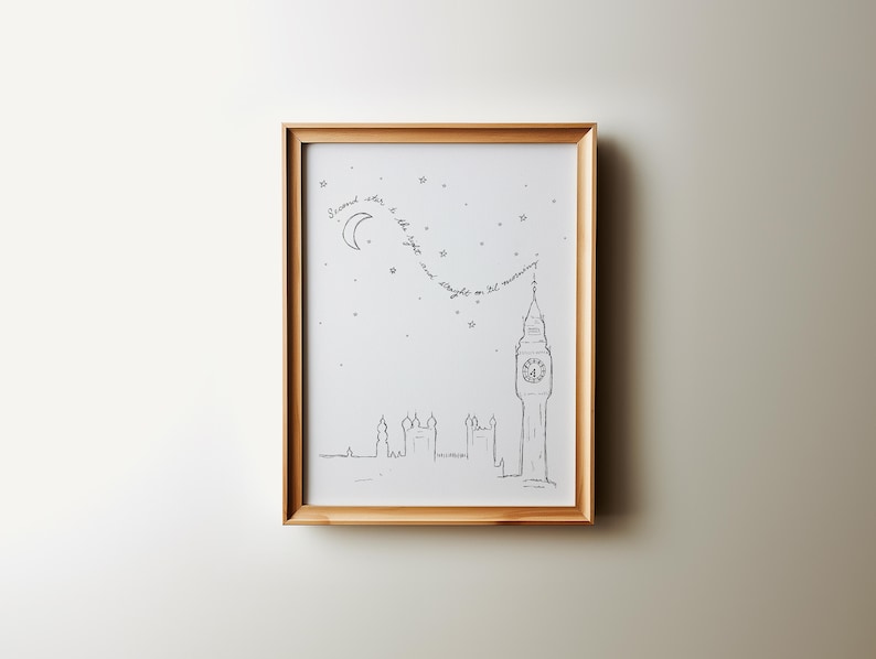 This Peter Pan nursery wall art is a set of five designs depicting the adventures in the classic kids book. This printable is a hand- drawn sketch of Big Ben with a starry night and the quote second star to the right and straight on til morning