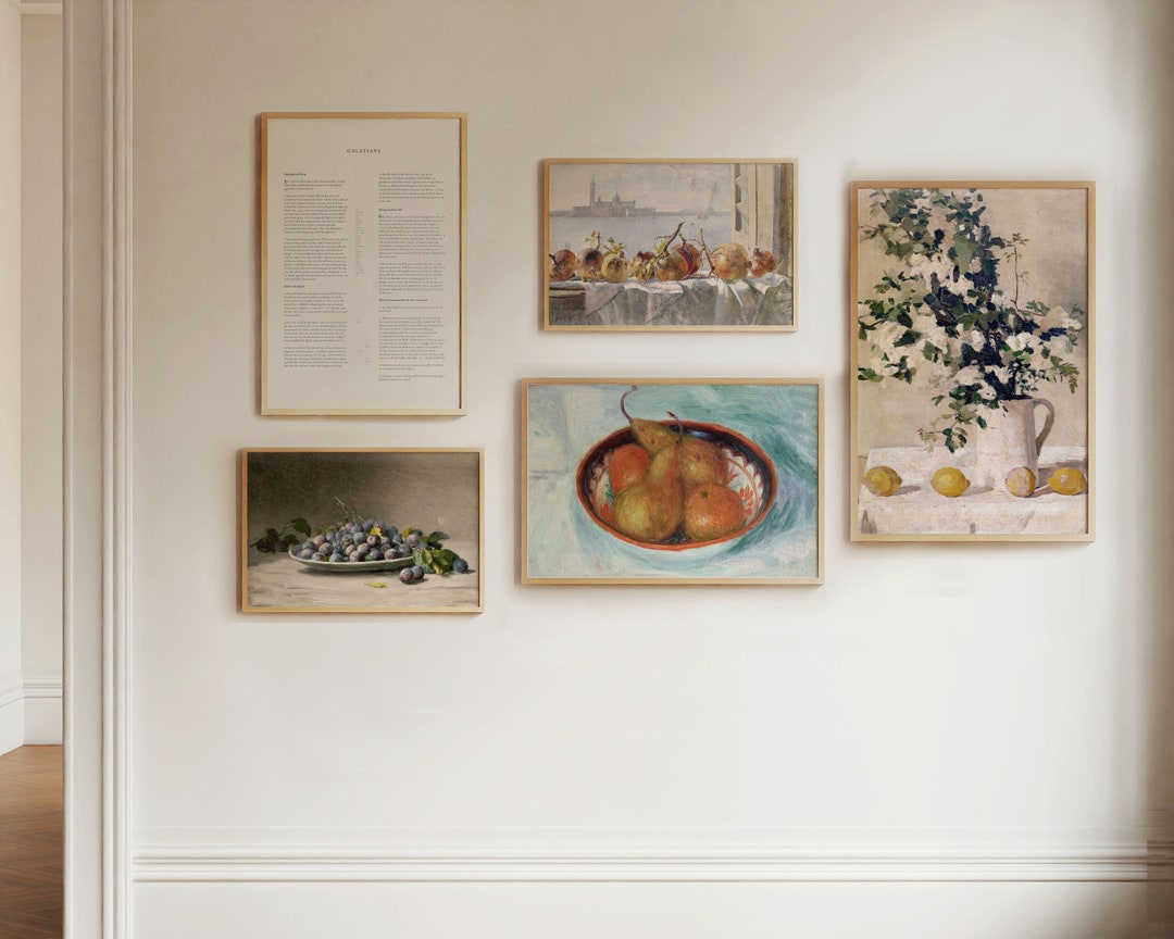kitchen gallery wall art set of 6, vintage fruit... Vintage Fruit Painting Print Set: Farmhouse Kitchen Gallery Wall ...