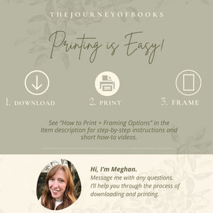 May include: An informational graphic with the text "Printing is Easy!" and instructions for downloading, printing, and framing. The image includes a photo of a woman and the text "Hi, I'm Meghan. Message me with any questions."